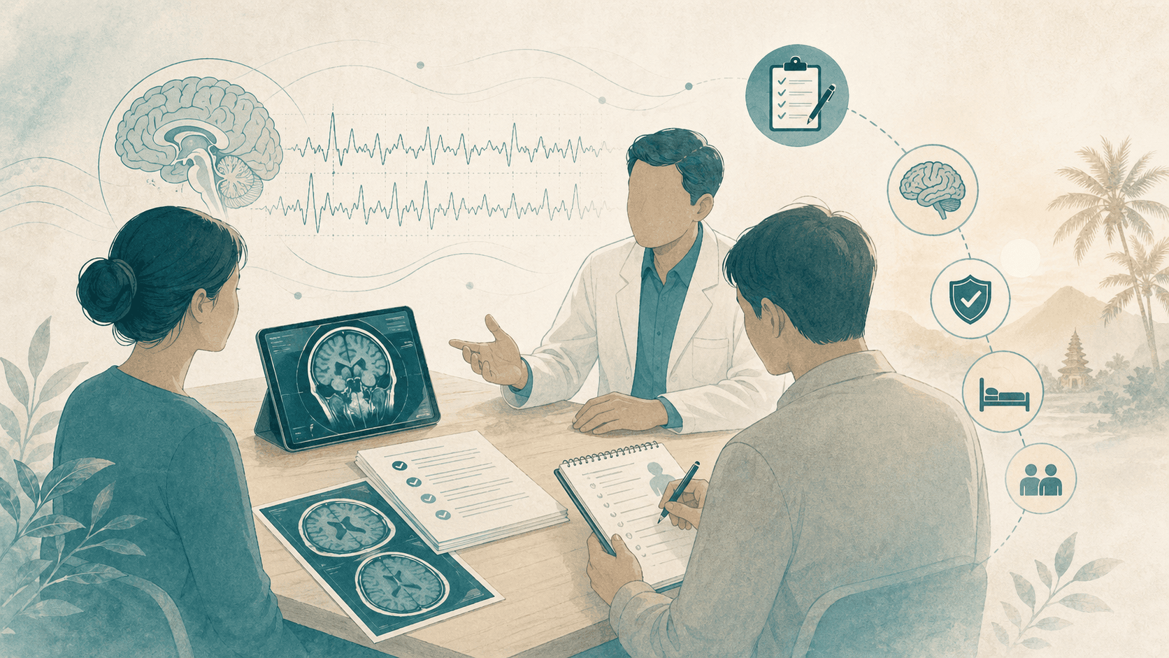 Ilustrasi EEG, catatan saksi, dan kartu pemeriksaan untuk evaluasi kejang pertama.