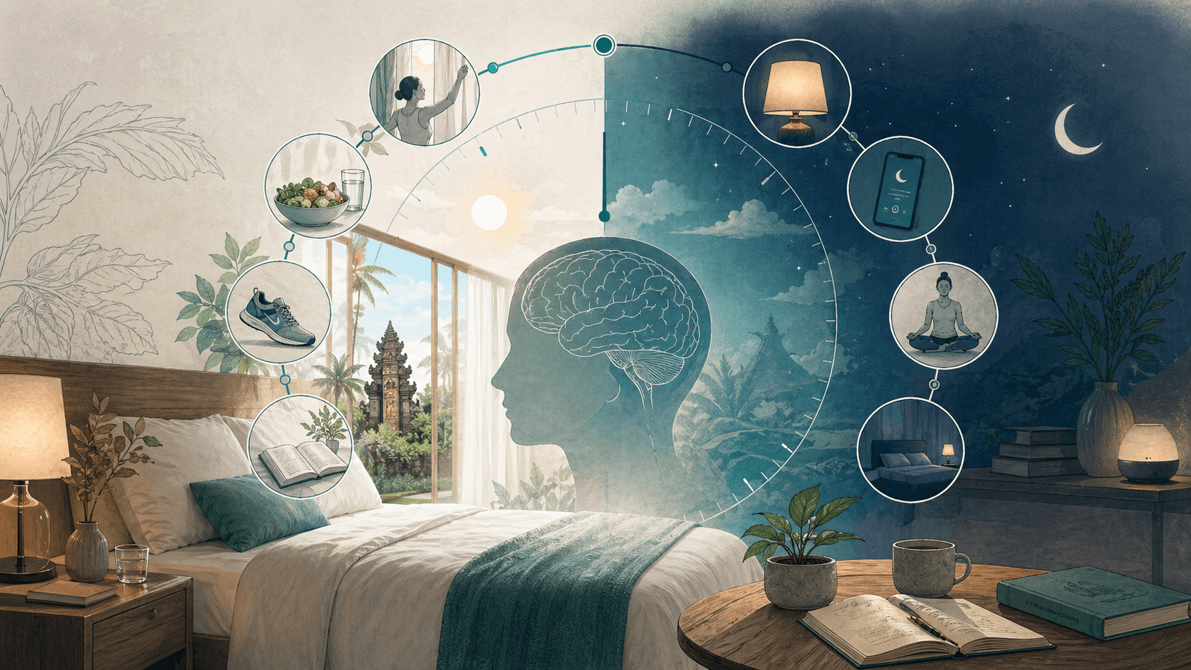 Ilustrasi ritme tidur, cahaya pagi, dan otak yang beristirahat.
