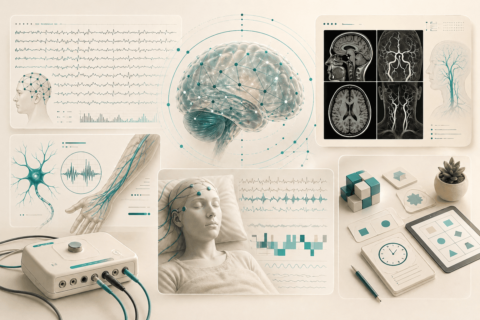 Ilustrasi diagnostik neurologi dengan EEG, pencitraan otak, studi saraf, tidur, dan tes kognitif.