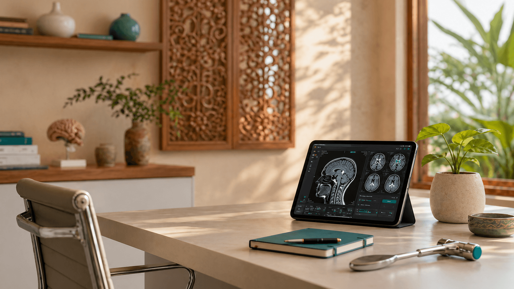 Ruang konsultasi neurologi yang tenang dengan tablet pemindaian otak dan alat pemeriksaan.